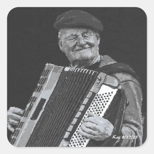 Happiness is Paris, muzikant zwart-wit kunst Vierkante Sticker (Voorkant)