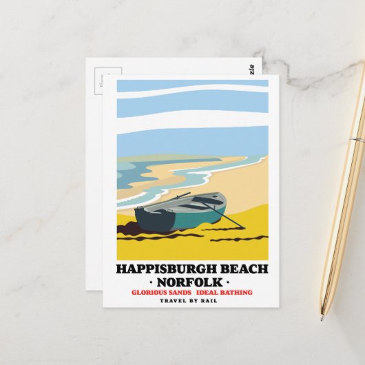 Happisburgh Beach Norfolk reisposter Briefkaart (Voorkant / Achterkant in situ)