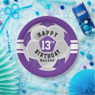 Happy 00th Birthday - Paars en wit Voetbal Papieren Bordje