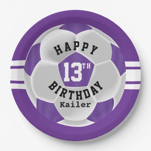 Happy 00th Birthday - Paars en wit Voetbal Papieren Bordje (Voorkant)