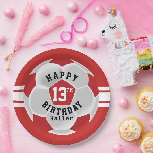 Happy 00th Birthday - rood Voetbal Papieren Bordje (Feest)