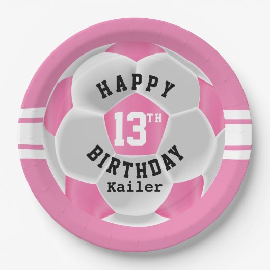 Happy 00th Birthday - Roze en wit Voetbal Papieren Bordje (Voorkant)