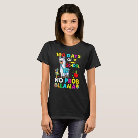 Happy 100 Days Of School No Probllama Llama 100th  T-shirt (Voorkant volledig)