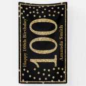 Happy 100th Birthday Banner Black and Gold Glitter (Verticaal)