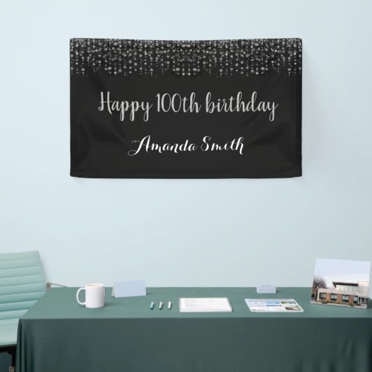 Happy 100th Birthday Banner.Black Silver Glitter Spandoek (Beurs)