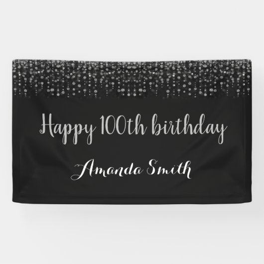 Happy 100th Birthday Banner.Black Silver Glitter Spandoek (Horizontaal)