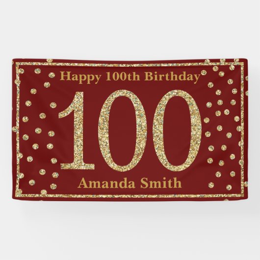 Happy 100th Birthday Banner Burgundy Red Gold (Horizontaal)