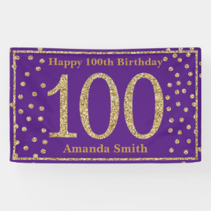 Happy 100th Birthday Banner Paars Gold Glitter