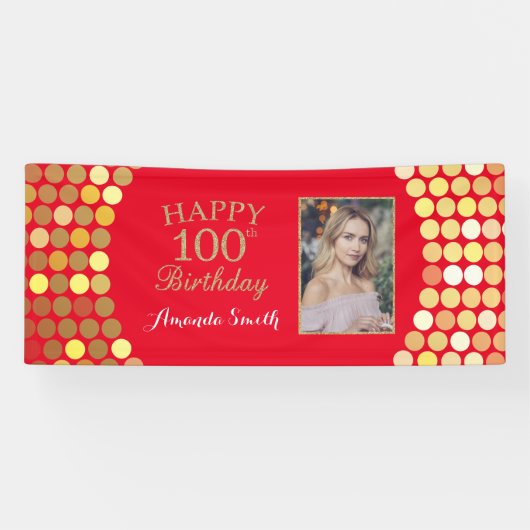 Happy 100th Birthday Banner Red en Gold Photo (Horizontaal)