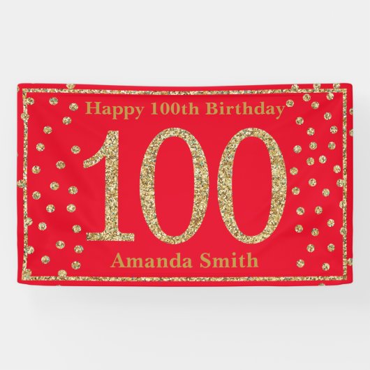 Happy 100th Birthday Banner Red Gold Glitter (Horizontaal)