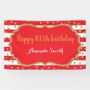 Happy 100th Birthday Banner Red Gold Glitter