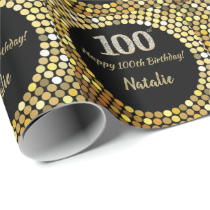 Happy 100th Birthday Black en Gold Glitter Cadeaupapier
