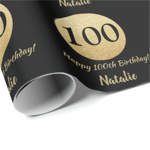 Happy 100th Birthday Black en Gold Glitter Cadeaupapier