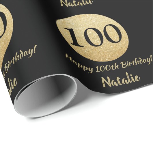Happy 100th Birthday Black en Gold Glitter Cadeaupapier (Rol Hoek)