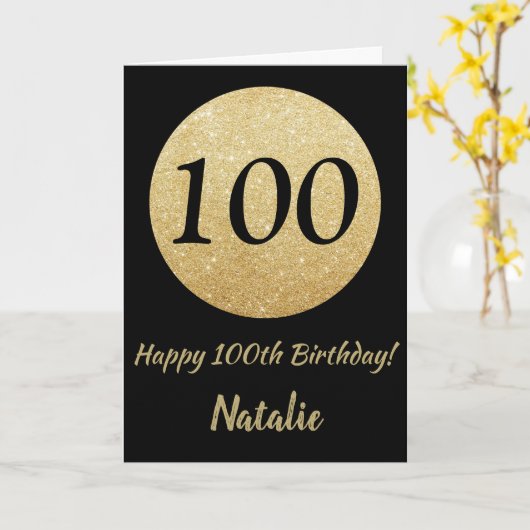 Happy 100th Birthday Black en Gold Glitter Card Kaart (Gele Bloem)