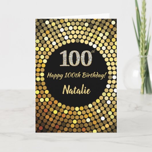 Happy 100th Birthday Black en Gold Glitter Card Kaart (Voorkant)