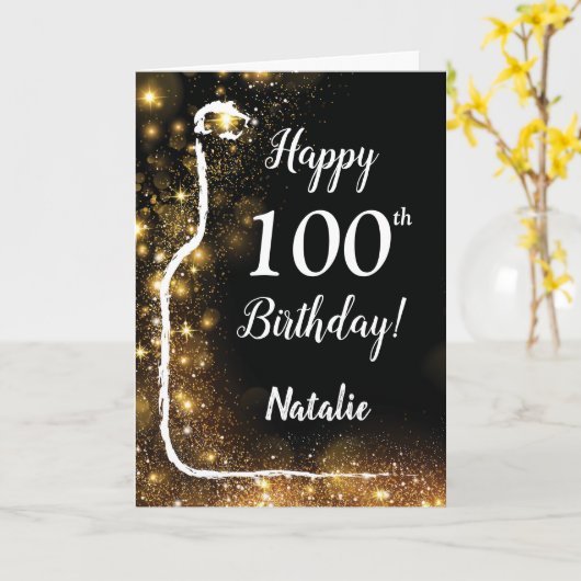 Happy 100th Birthday Black en Gold Glitter Wine Kaart (Gele Bloem)