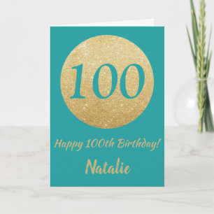 Happy 100th Birthday Blauwgroen en Gold Glitter Ca Kaart