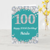 Happy 100th Birthday Blauwgroen en Silver Glitter  Kaart (Gele Bloem)