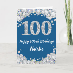 Happy 100th Birthday Blue en Silver Glitter Card Kaart