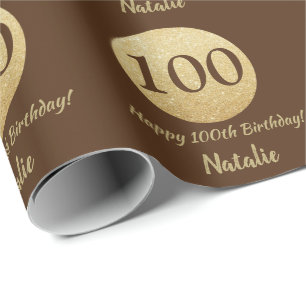 Happy 100th Birthday Brown and Gold Glitter Cadeaupapier
