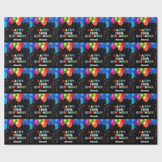 Happy 100th Birthday Colorful Balloons Black Cadeaupapier (Vlak)