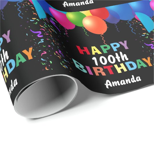 Happy 100th Birthday Colorful Balloons Black Cadeaupapier (Rol Hoek)