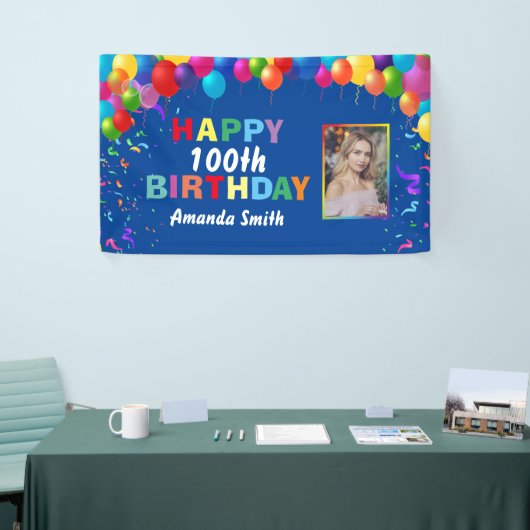 Happy 100th Birthday Colorful Balloons Blue Spandoek (Beurs)