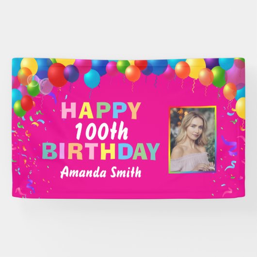 Happy 100th Birthday Colorful Balloons Hot Pink Spandoek (Horizontaal)