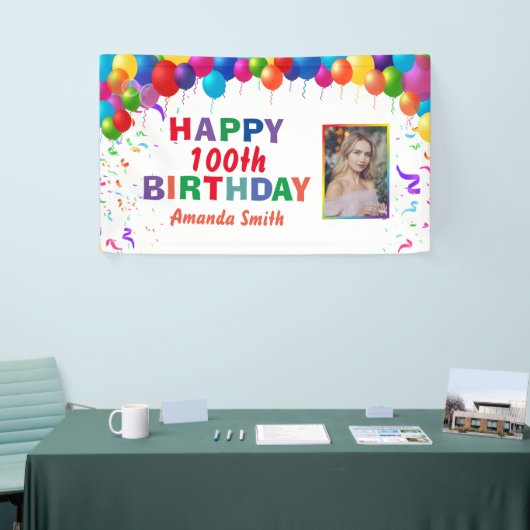 Happy 100th Birthday Colorful Balloons White Spandoek (Beurs)