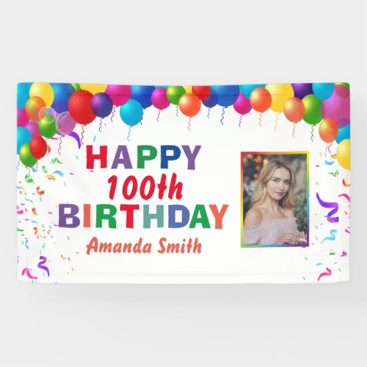 Happy 100th Birthday Colorful Balloons White Spandoek (Horizontaal)