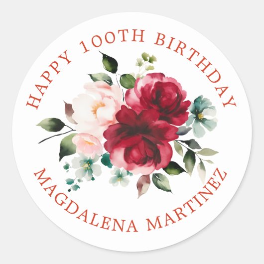 Happy 100th Birthday Floral Custom Envelope Seal Ronde Sticker (Voorkant)