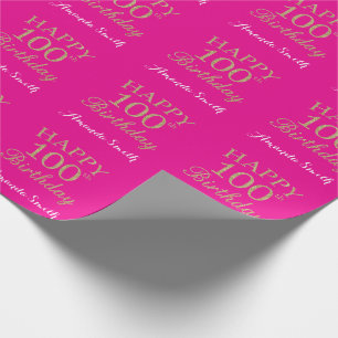 Happy 100th Birthday Gold Glitter en Hot Pink Cadeaupapier