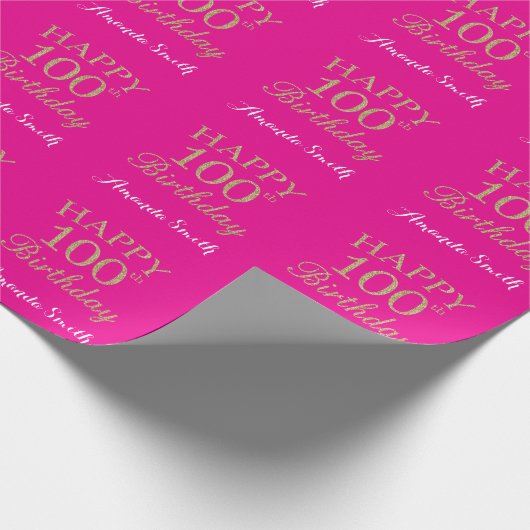 Happy 100th Birthday Gold Glitter en Hot Pink Cadeaupapier (Hoek)