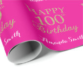 Happy 100th Birthday Gold Glitter en Hot Pink Cadeaupapier (Rol Hoek)