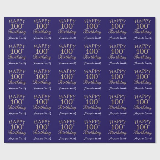 Happy 100th Birthday Gold Glitter en Navy Blue Cadeaupapier (Vlak)