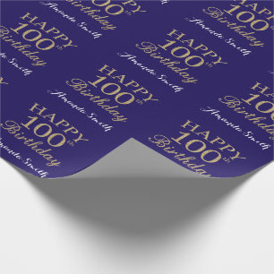 Happy 100th Birthday Gold Glitter en Navy Blue Cadeaupapier