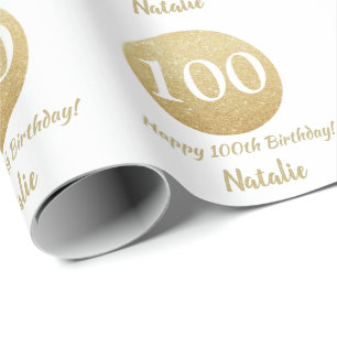 Happy 100th Birthday Gold Glitter en White Cadeaupapier