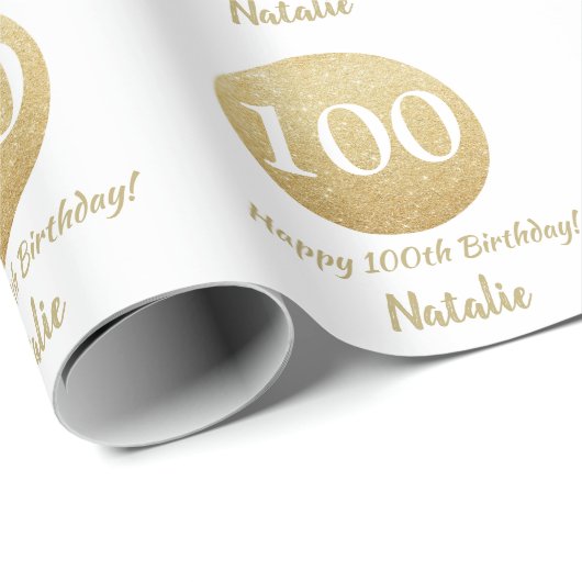 Happy 100th Birthday Gold Glitter en White Cadeaupapier (Rol Hoek)