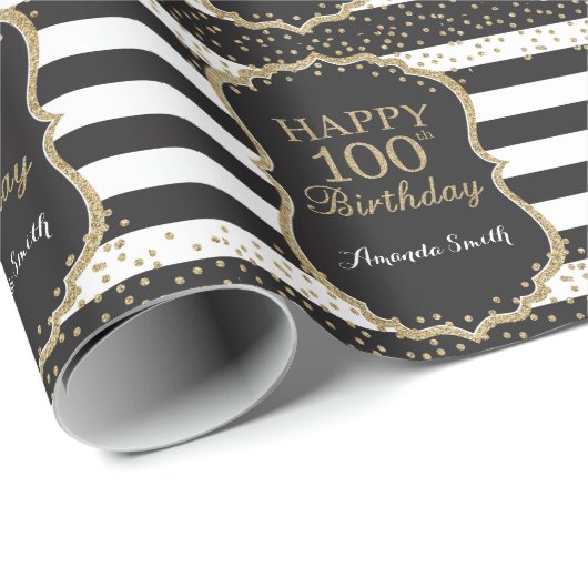 Happy 100th Birthday Gold Glitter Wrapping Paper Cadeaupapier (Rol Hoek)