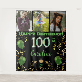 Happy 100th Birthday Green Glitter & 3 foto's Wandkleed