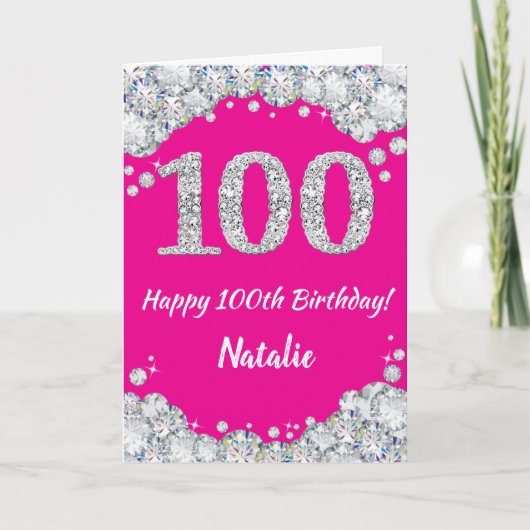 Happy 100th Birthday Hot Pink en Silver Glitter Kaart (Voorkant)