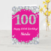 Happy 100th Birthday Hot Pink en Silver Glitter Kaart (Gele Bloem)