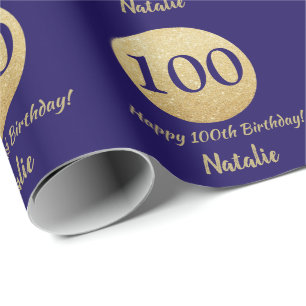 Happy 100th Birthday Navy Blue en Gold Glitter Cadeaupapier