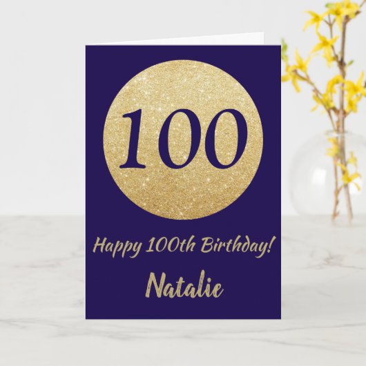 Happy 100th Birthday Navy Blue en Gold Glitter Kaart (Gele Bloem)