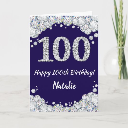 Happy 100th Birthday Navy Blue en Silver Glitter Kaart (Voorkant)