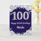 Happy 100th Birthday Navy Blue en Silver Glitter Kaart (Gele Bloem)