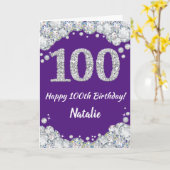 Happy 100th Birthday Paars en Silver Glitter Kaart (Gele Bloem)