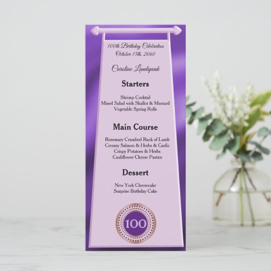 Happy 100th Birthday Paarse Glitter Folie Menu (Staand voorkant)