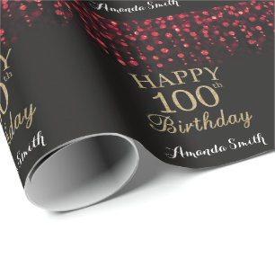 Happy 100th Birthday Red Black en Gold Glitter Cadeaupapier